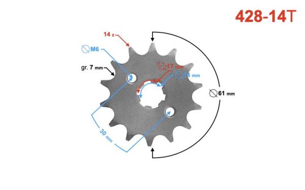 Lánckerék első 428 14T 17mm-es tengelyre