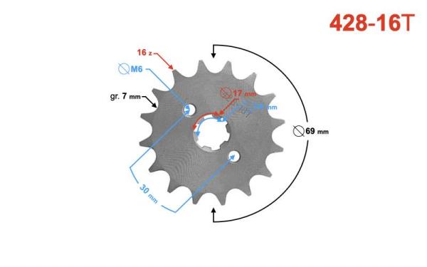 Első lánckerék 428, 16T 17mm-es tengelyre - Moretti