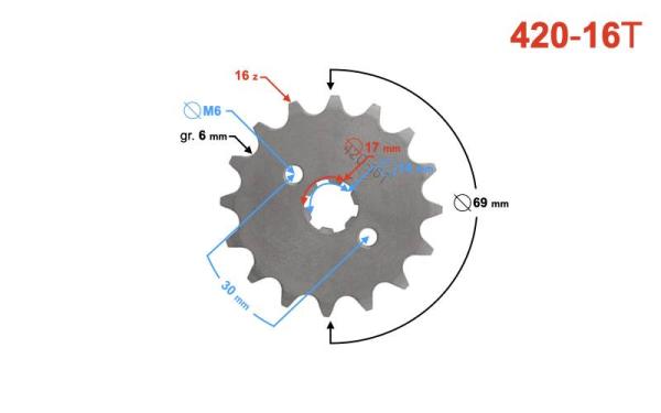 Első lánckerék 420, 16T 17mm-es tengelyre - Moretti