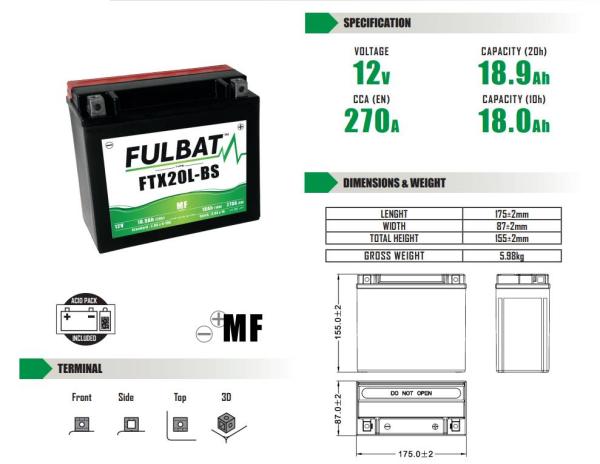 Akkumulátor Fulbat FTX20L-BS, 12V, 18Ah, AGM